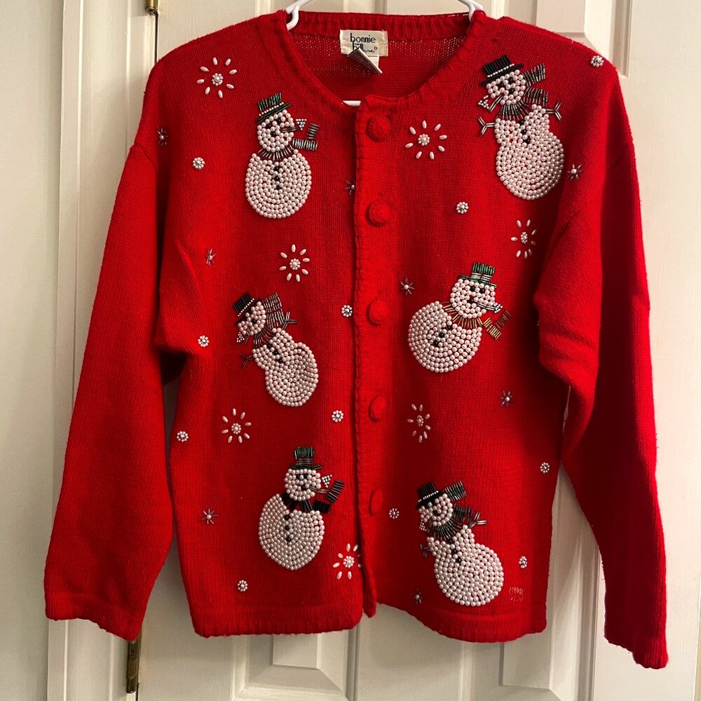 Vintage Bonnie and Bill Red Beaded Snowman Ugly Christmas Cardigan